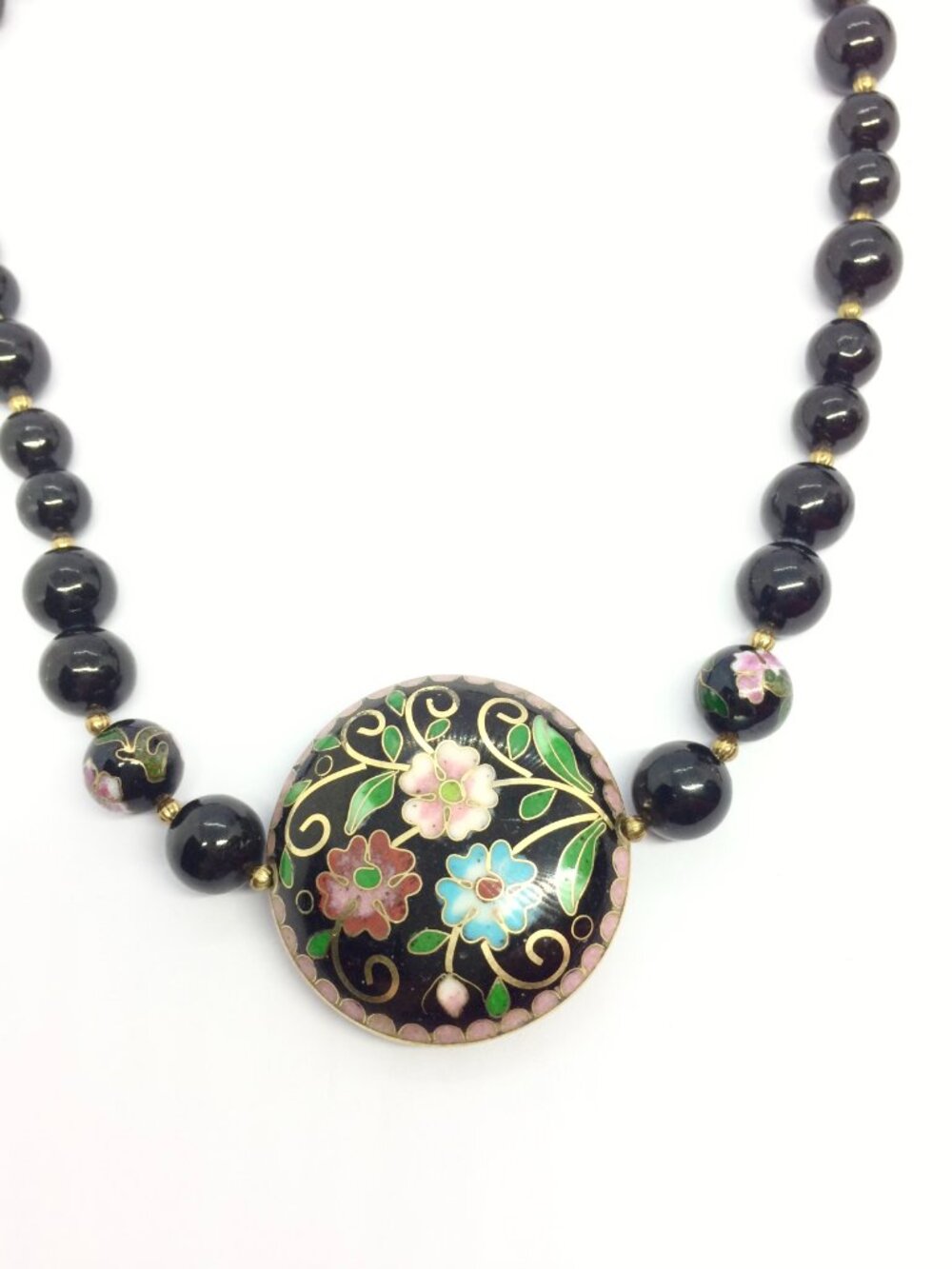 VINTAGE CLOISONNE NECKLACE Black Bead Floral Pendant Gold Tone Statement 22in - Picture 8 of 16
